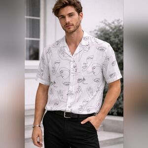 Forever 21 Men Abstract Line Art Face Print Button-Up Shirt Size S